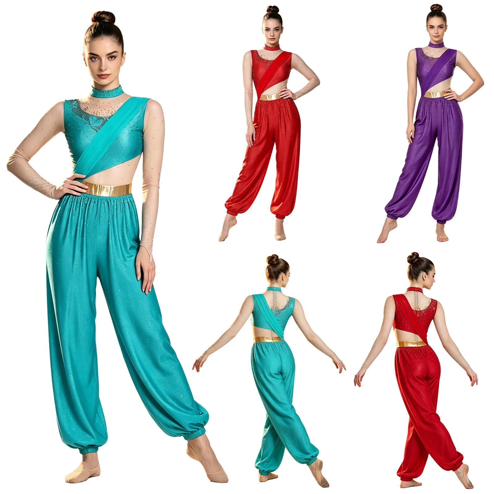 Women's Arabian Princess Costume Shiny Rhinestones Belly Dance Unitard Rompers Halloween Fairy Tale Princess Cosplay Jumpsuits