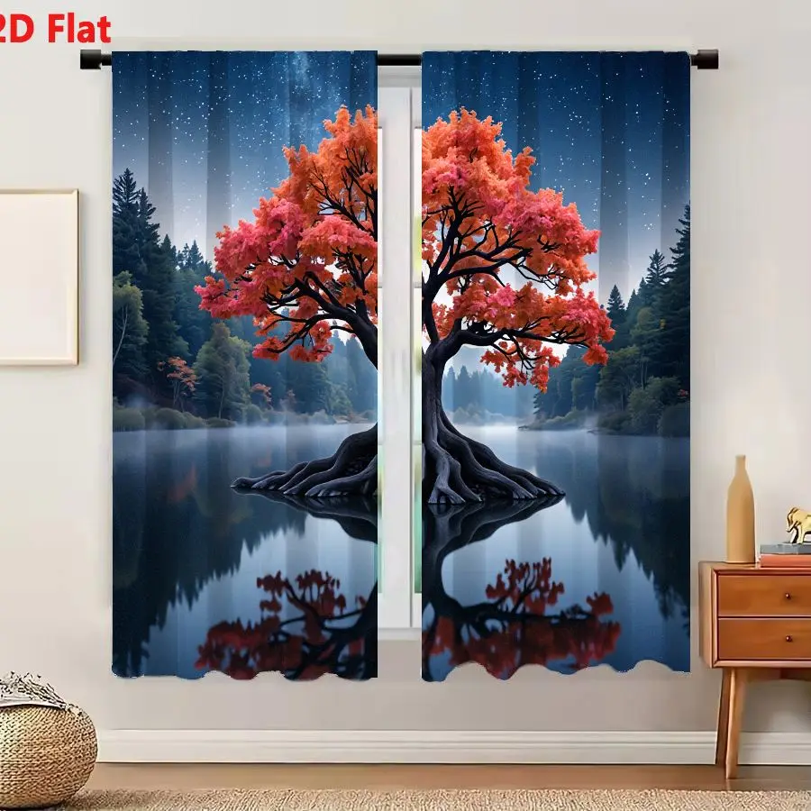 2Pcs Curtains 2D Flat Surreal Night Landscape With Glowing Tree And Starry Sky Window Drapes for Bedroom Room Decor Decoration W