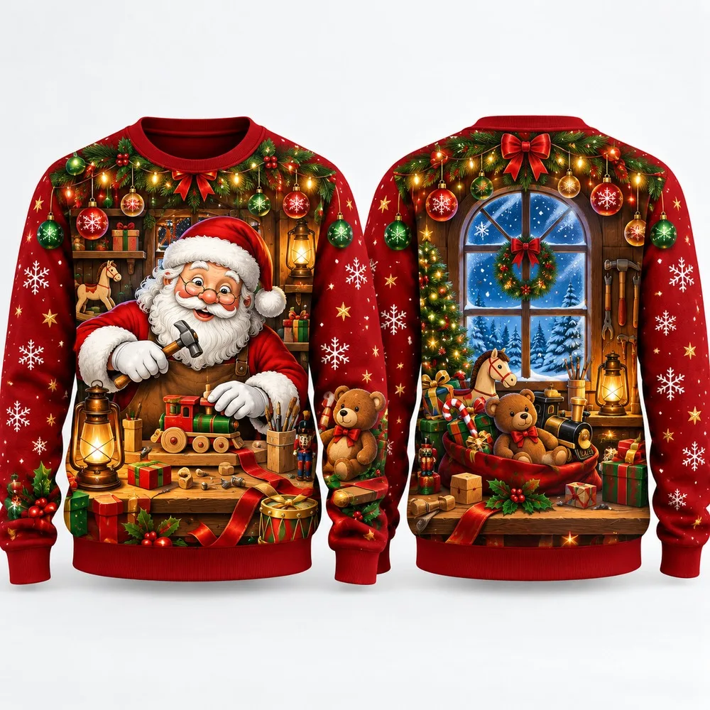 Santa Workshop Ugly Christmas Sweater for Men Women Festive Holiday Party Crewneck Pullover Long Sleeve Printed Sweaters