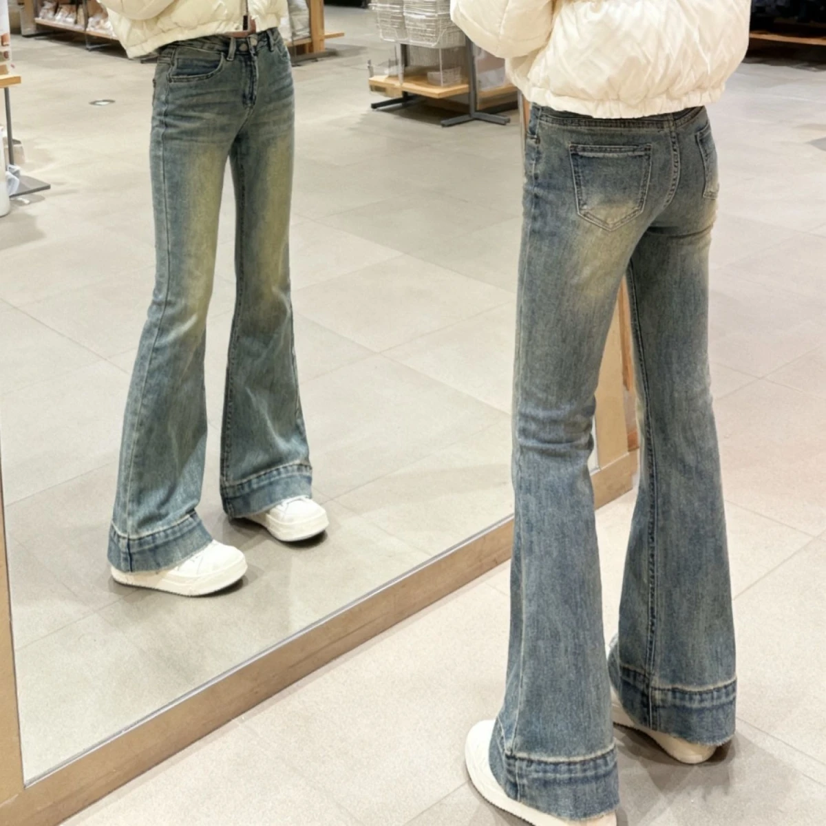 

Американские ретро-джинсы с высокой талией и микро-клешем для женщин, весна-лето, новый стиль, эластичные брюки-клеш, повседневные, однотонные, из чистого хлопка