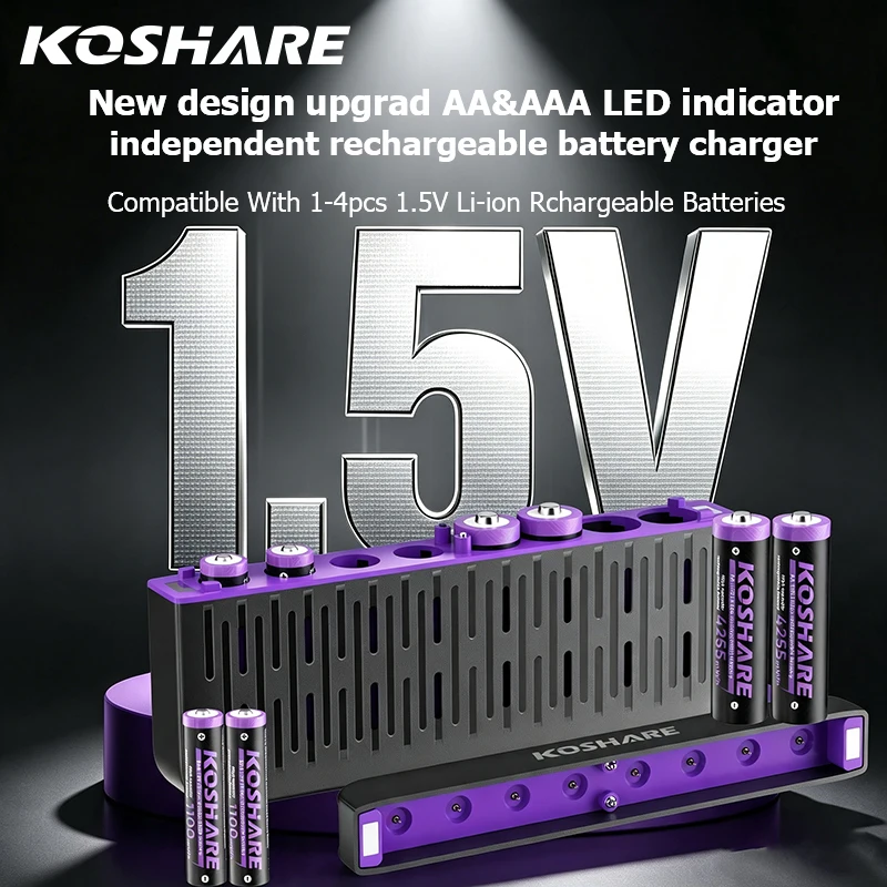 KOSHARE AAA AA Rechargeable Batteries 4255mWh 1100mWh Lithium-ion Battery Charging Compartment 8 Slot LED Smart Battery Charger