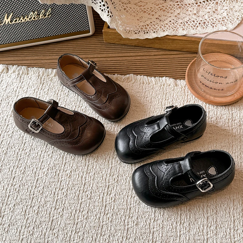 

Toddler Girls T-strap Leather Shoes 2026 New Summer Kids Mary Jane Flats Non-slip Simple Classic Retro Style Party Wedding Shoes