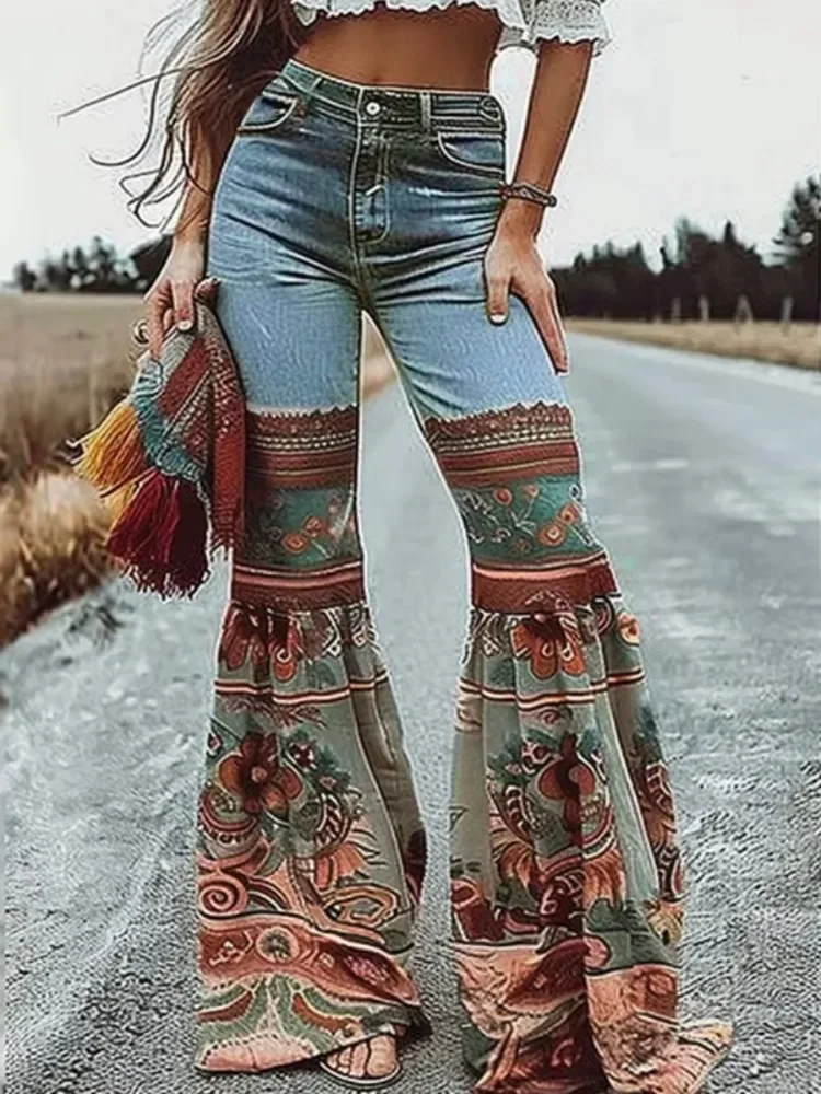 

Krimile Female High Waist Slim Fit Flared Jeans Pants 2024 New Vintage Elegant Floral Printed Patchwork Urban Casual Trousers