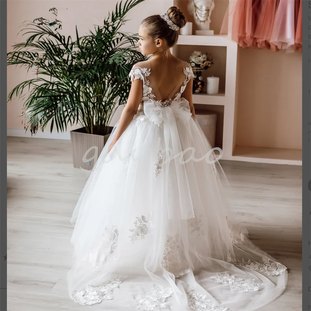 White Ivory Flower Girl Dresses V Neck for Wedding Guest Kids Bridesmaid with Bow Lace Appqulies Tulle