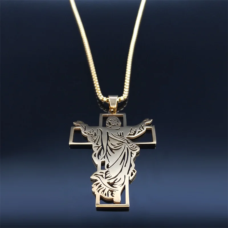 Jesus Cross Stainless Steel Pendant Necklace Gold Color for Women/Men Religious Christian Necklaces Jewelry collier N4573S02