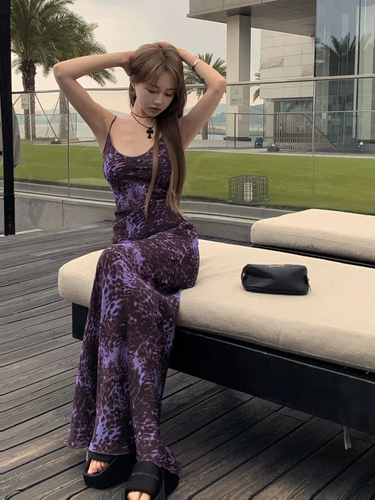 สีม่วงเซ็กซี่ Camis ผู้หญิงเสือดาวพิมพ์ชุดยาวบางฤดูร้อนแฟชั่น Harajuku Chic ชุดราตรีสปาเก็ตตี้ Vestidos ใหม่