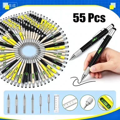 55 Pcs Multi-Functional Plastic Engineer Tool Pen 6 in 1 Utility Tech Pen with Touch Screen Stylus, Built-in Ruler, Spirit Level