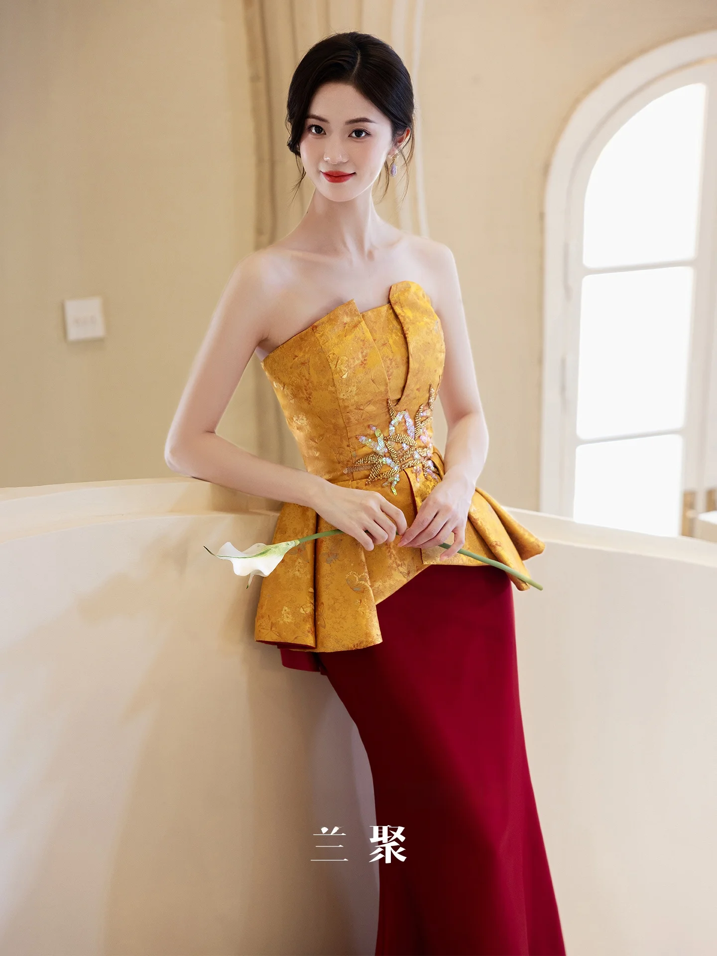

New Chinese Sle Wedding Robe for Women Bride Gold High End Marriage Toasting Ceremony Thank You Banquet Strapl Cusiza...