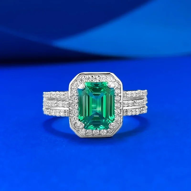 Yaranyan Vintage 100% 925 Sterling Silver 6 * 8 MM Emerald Cut Lab Sapphire High Carbon Diamonds Gemstone Ring Fine Jewelry