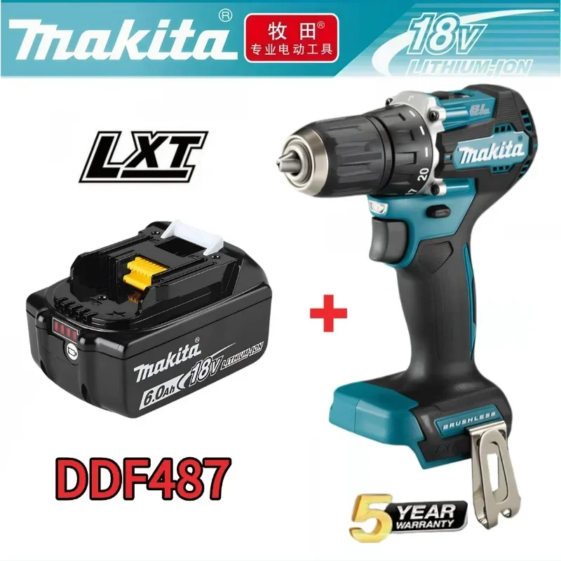 Perceuse-visseuse à percussion sans balais 18V Makita DDF487, outil électrique, batterie Makita 18V