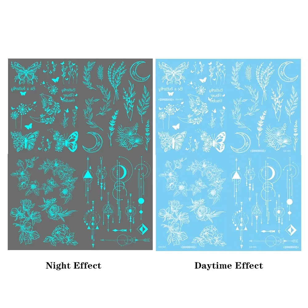 4 قطعة الأزرق مضيئة مقاوم للماء المؤقتة الوشم ملصق هندسي فراشة زهرة الورد القمر النساء الرجال الذراع الجسم الفن الوشم وهمية