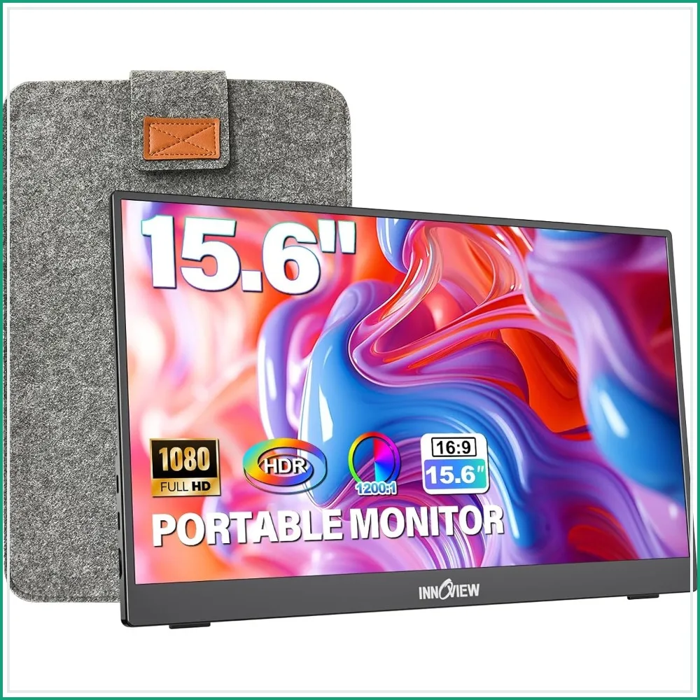 15.6" 1080P Portable Monitor for Laptop with Protective Sleeve, Built-in Stand, USB C HDMI, for MacBook Phone PS Xbox Switch