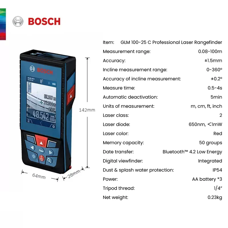 Bosch Glm 100-25 C Professional Green Laser Rangefinder 100M Measure Distance Bluetooth4.2 Hd Color Screen Distance Meter