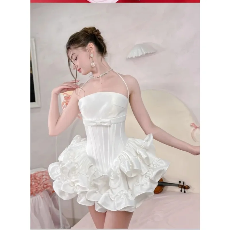 Conjunto de dos piezas blanco y rosa, vestido de graduación con cordones, vestido Sexy sin mangas con volantes y lazo, vestido acampanado + pantalones cortos, conjuntos de cóctel para fiesta de noche