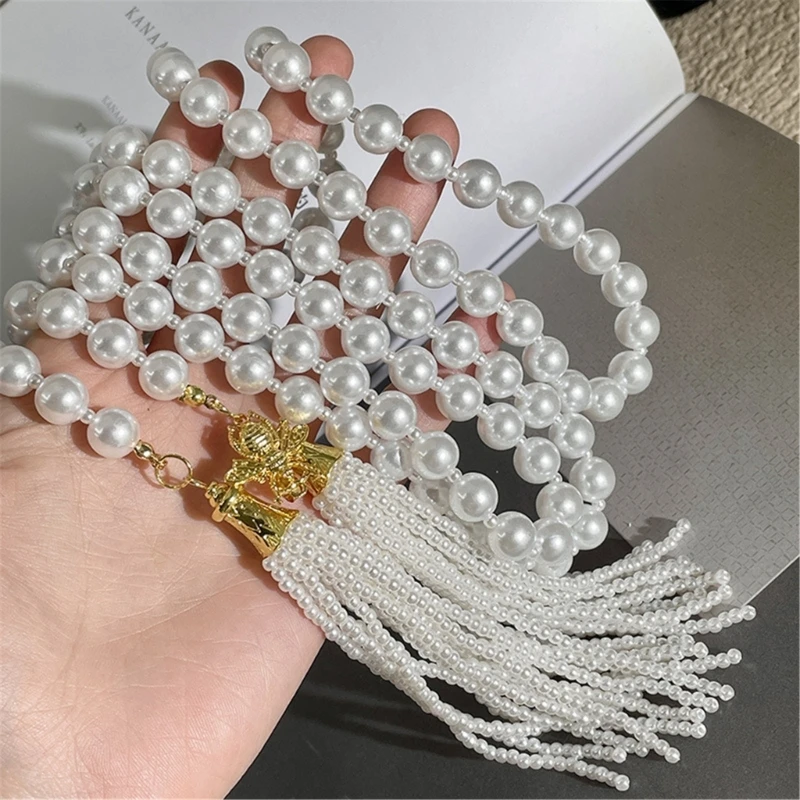 Imitation Pearls Necklace with Flowing Fringes Sweater Chain and Waist Chain Fashionable Jewelry for Everyday Outfits