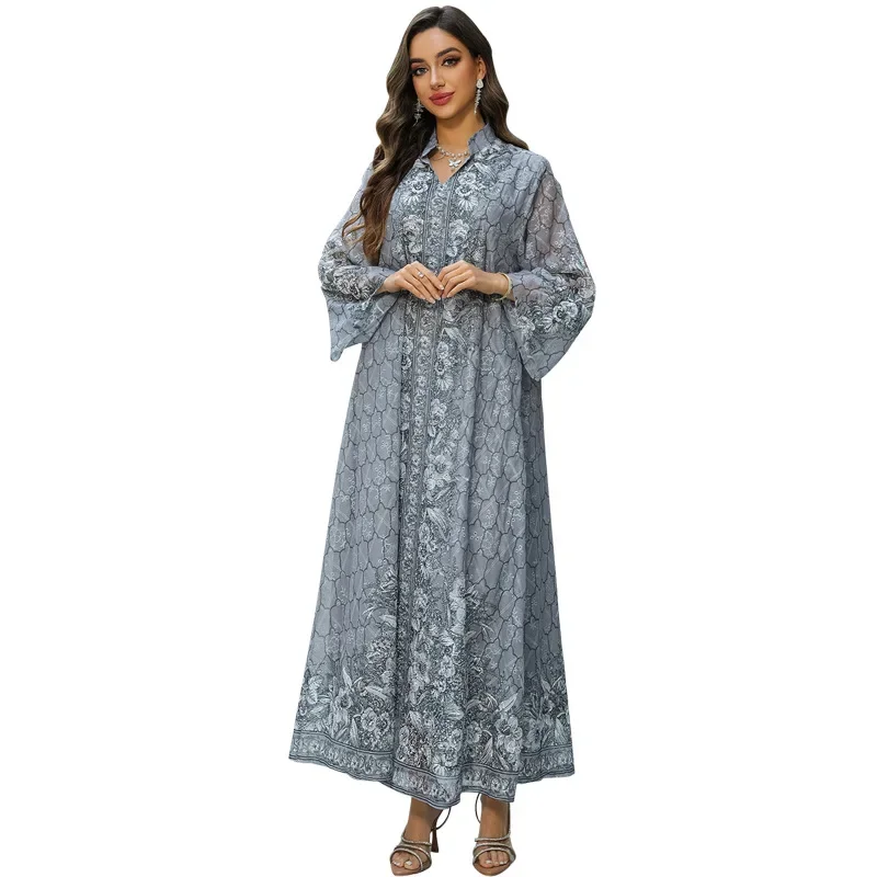 Gedrukt lang gewaad Damesmode Midden-Oosten Moslimvrouwen Etnische stijl geborduurde jurk Jalabiya Abaya