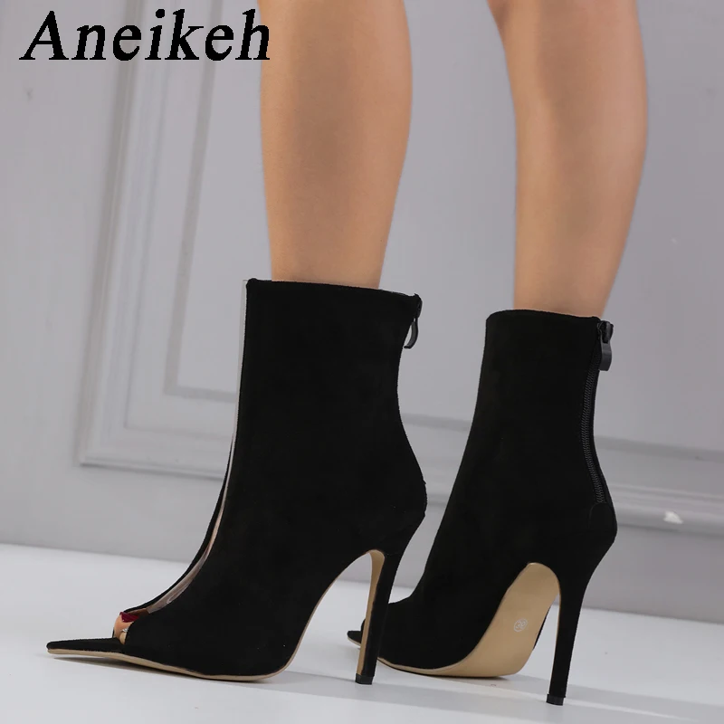 Aneikeh 2024 Spring New Classics Black Open Toe Thin High Heel Women ShoesBack Zippers Gladiator Party Dress Career Ankle Boots