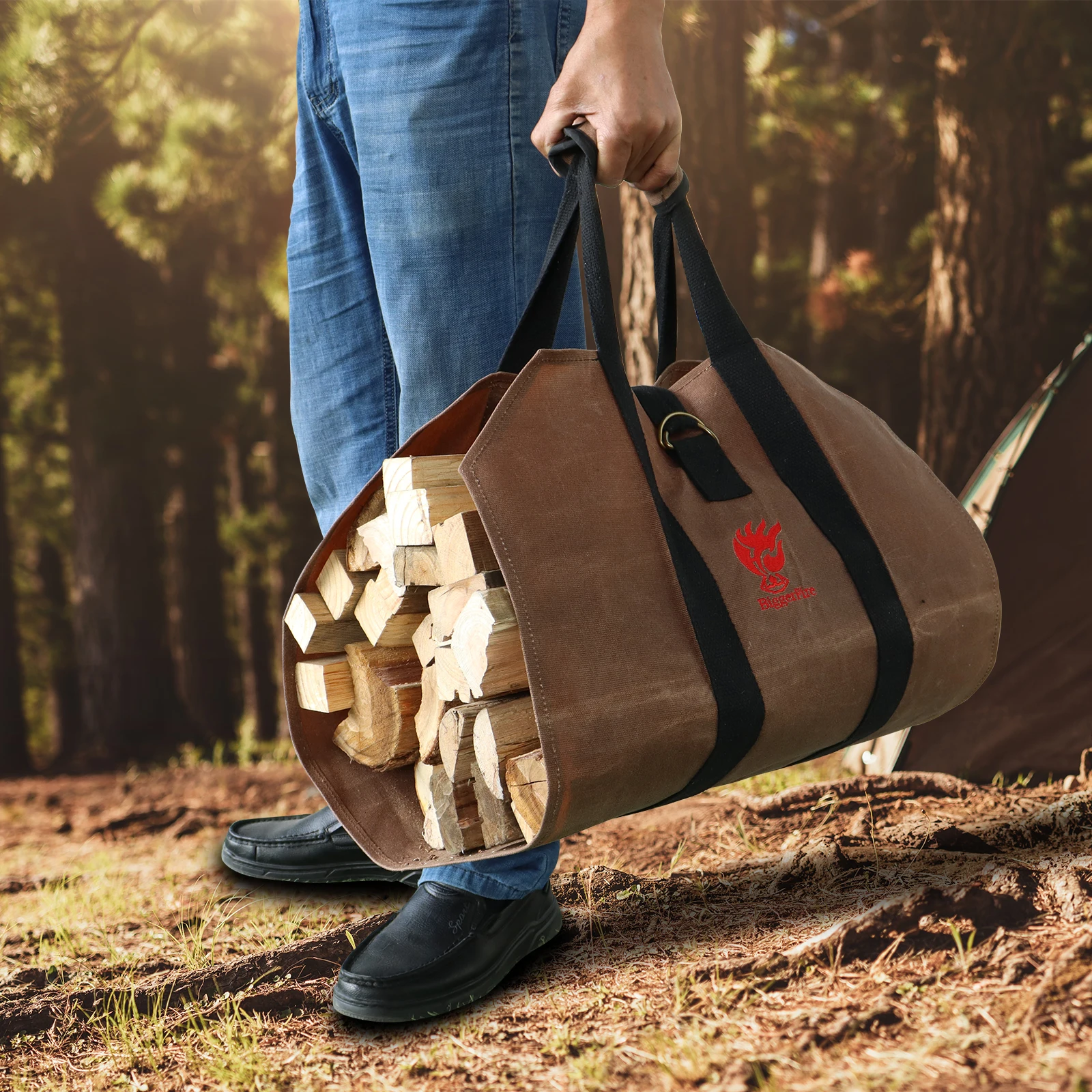 Firewood Carrier, 38x18 Inches Waxed Canvas Log Carrier Wood Holder Tote Firewood Storage Bag