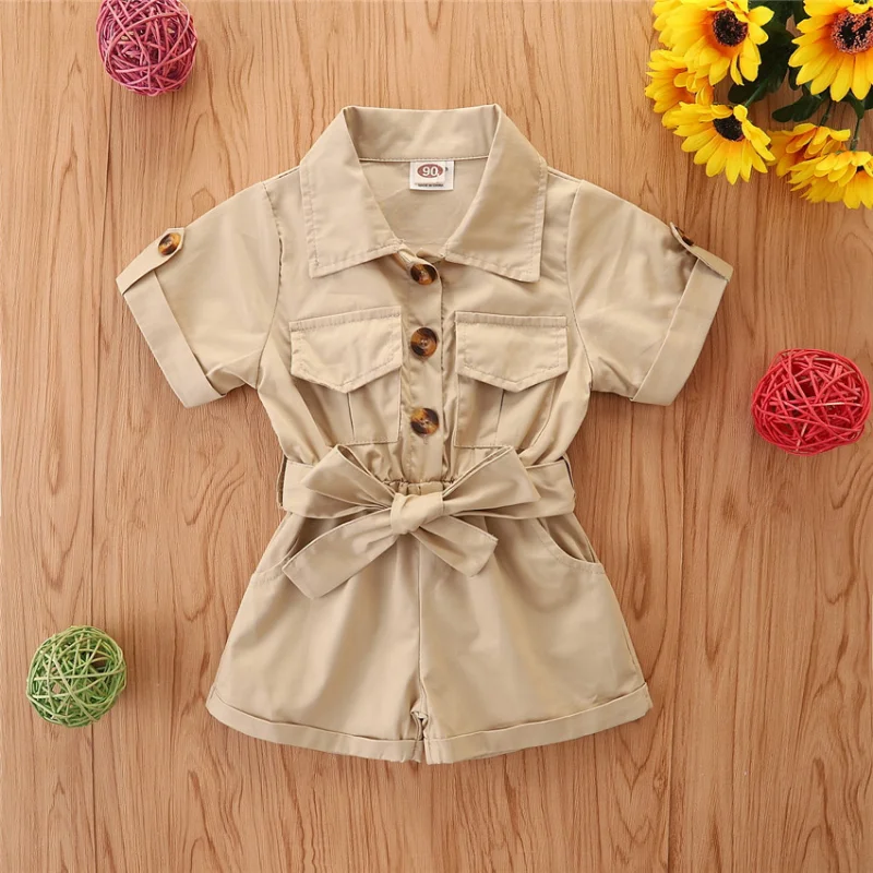 2024 Summer New Solid Color Short Sleeve Pocket Lapel Girls Jumpsuit Single-breasted Waist Fashion Overalls 1-5T