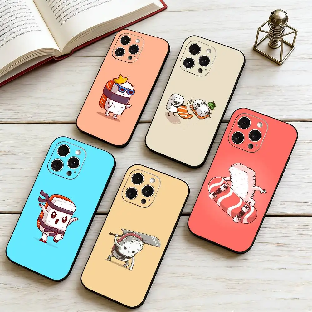 Cartoon Sushi C-Cute Handyhülle für iPhone 17, 16, 15, 14, 13, 12, 11 Plus, Pro Max, Andere Weiche Schwarze Hülle Geschenk