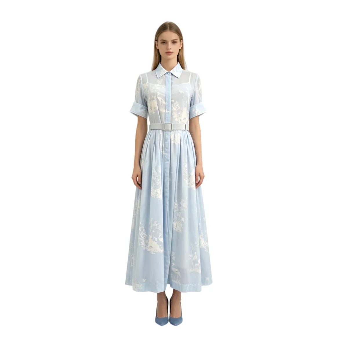 2026 Summer Women's Light Blue Floral Print Shirt Dress - Short Sleeve Collared Midi Dress with Belt Elegant Office Lady Outfit