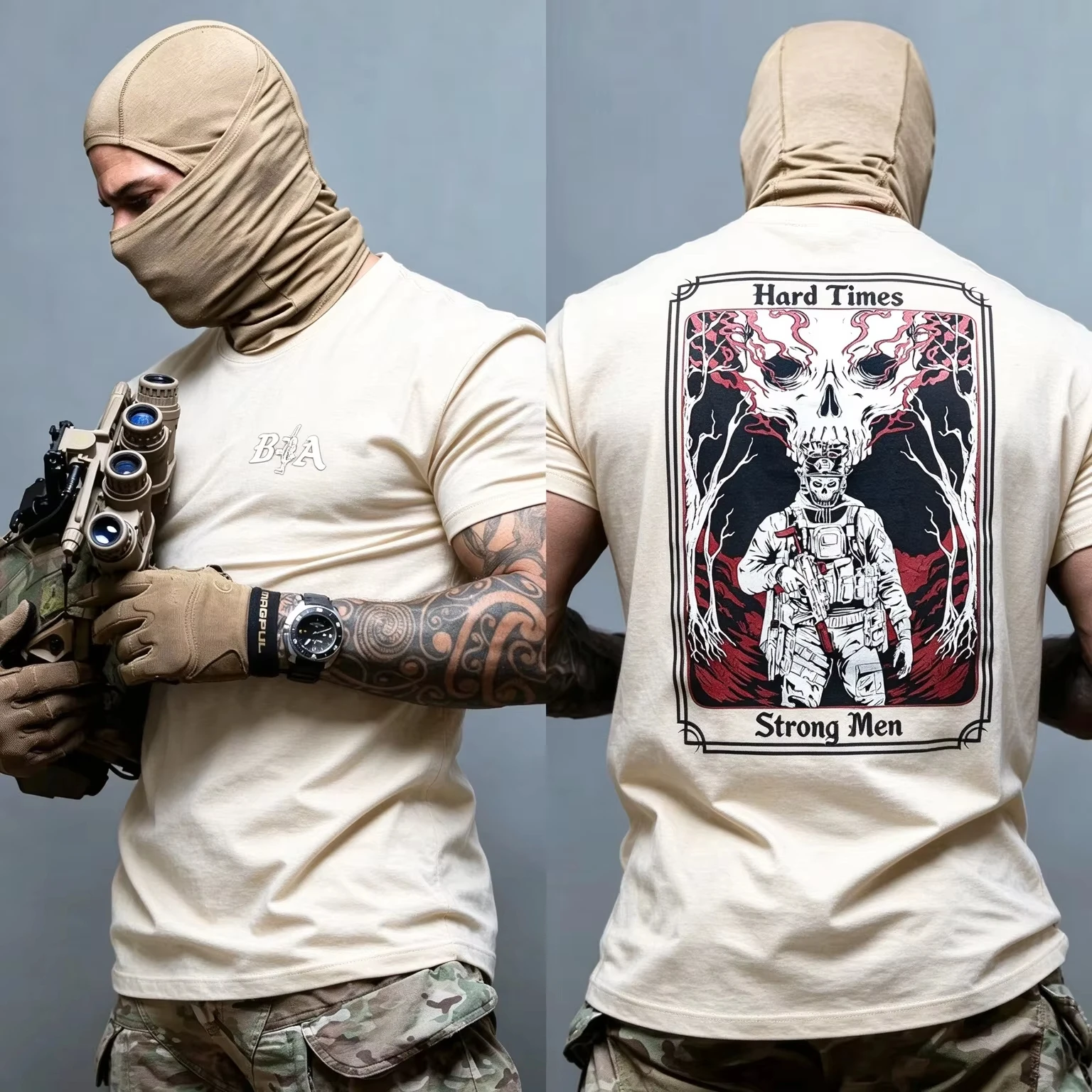 2026 New BIA Oversized Unisex Streetwear T Shirt Hard Times Strong Men Skull Tactical Front Back Graphic Tee Short Sleeve Tops
