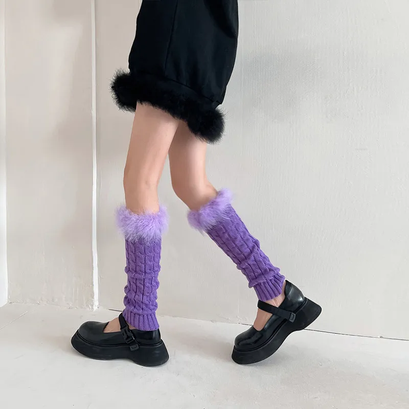 Women Girls Harajuku Y2K Fur Winter Furry Knit Leg Warmer Feather Stockings Gothic Lolita Cosplay Warm Boots Xmas Leg Warmers