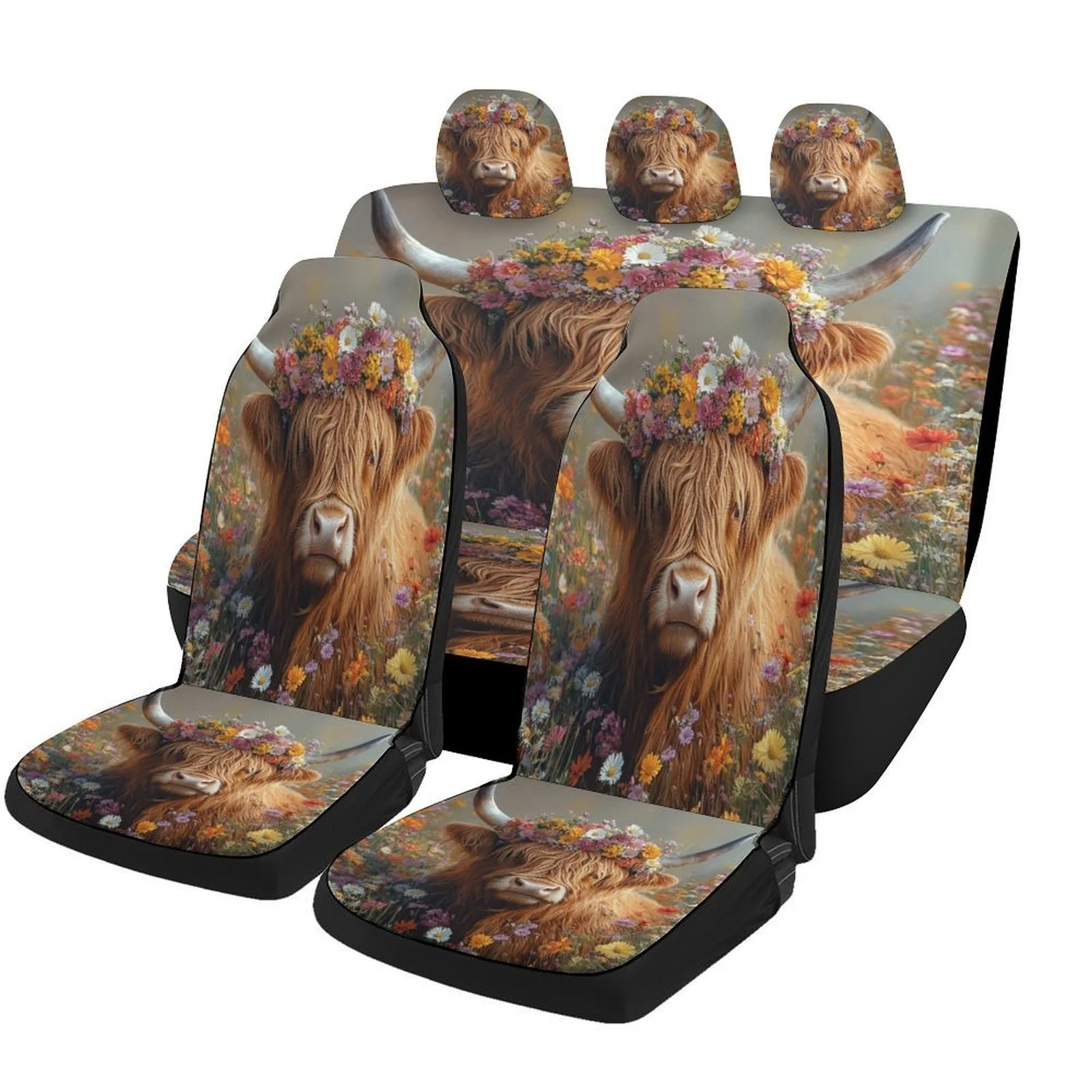 Floral Bull Meadow Themed Car Seat Cover Set - High-Quality Polyester, Universal Fit For 2 Front & Rear Seats, All-Season Use, V