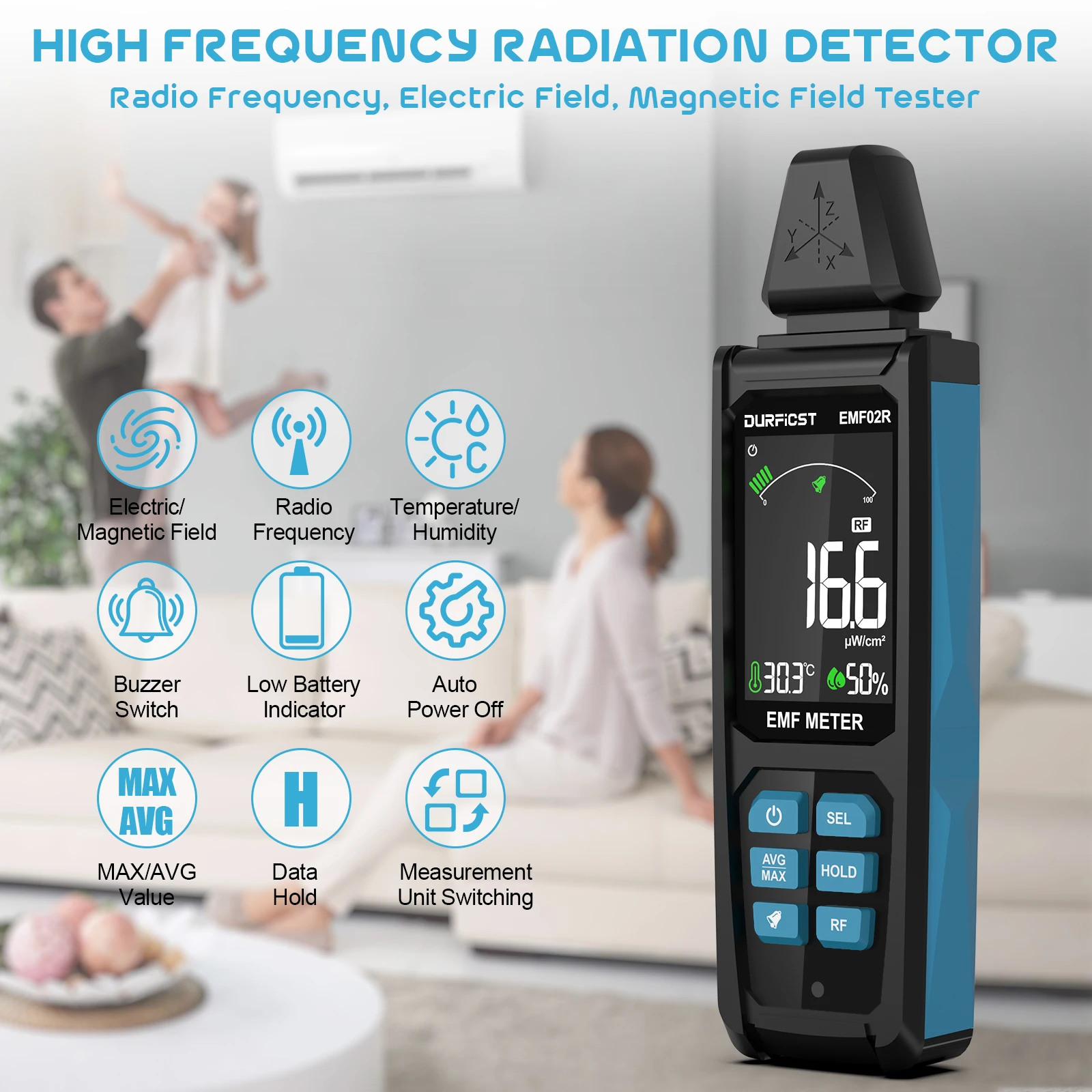 

EMF02R Color Screen EMF Meter 30Mhz~8GHz High Frequency Electromagnetic Radiation Detection Meter Electric/Magnetic Field Tester