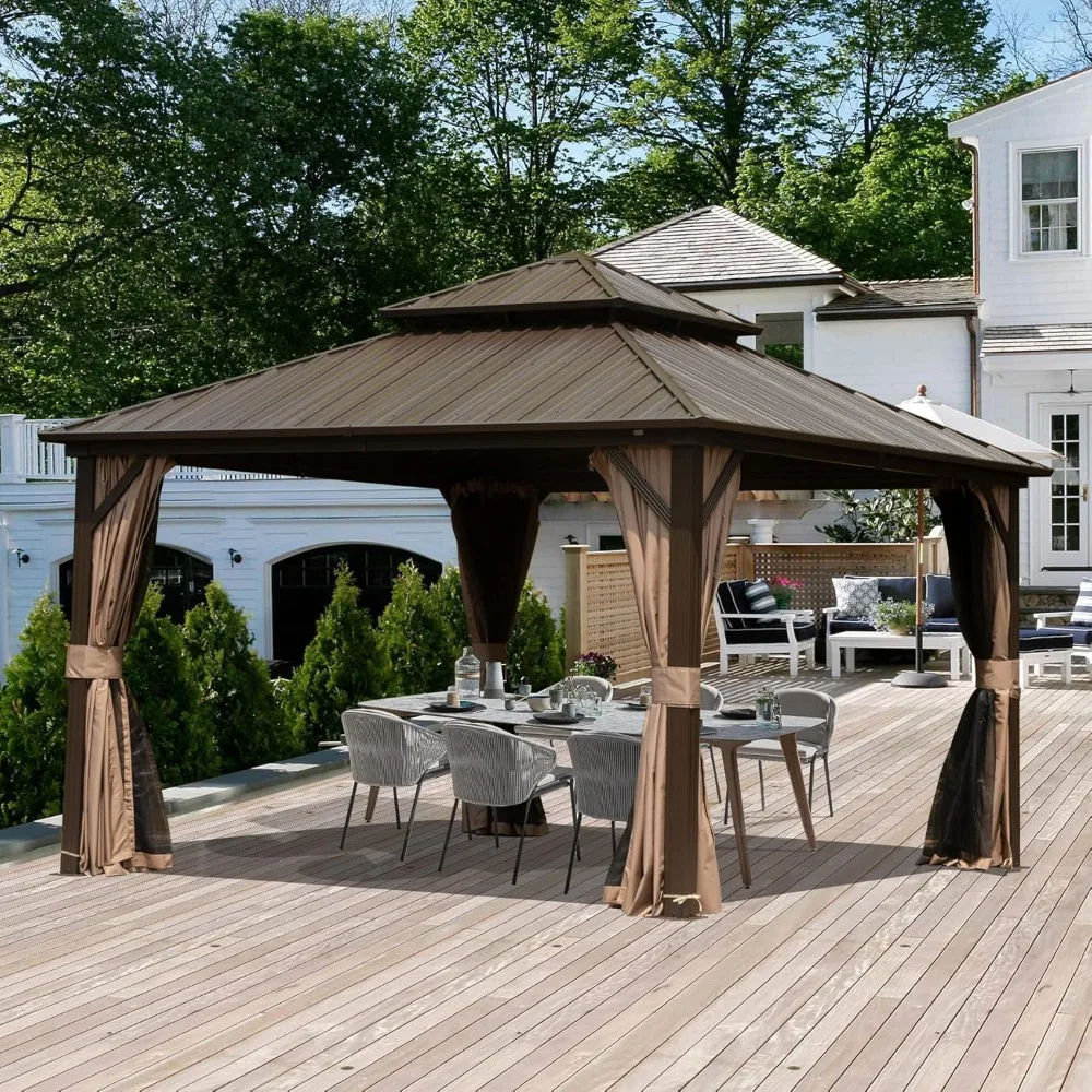 

12x12ft Hardtop Gazebo Galvanized Steel Double Roof Curtains Netting Outdoor Patio Party Wedding Brown Custom