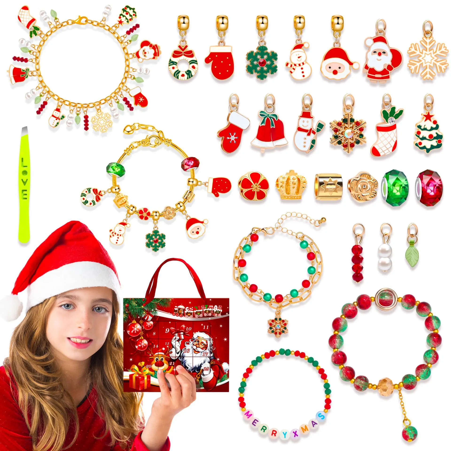 Surprise Blind Box Set 24 Countdown Calendar Advent Christmas Charms Bracelet Set DIY Creative Ornaments Girls Gifts