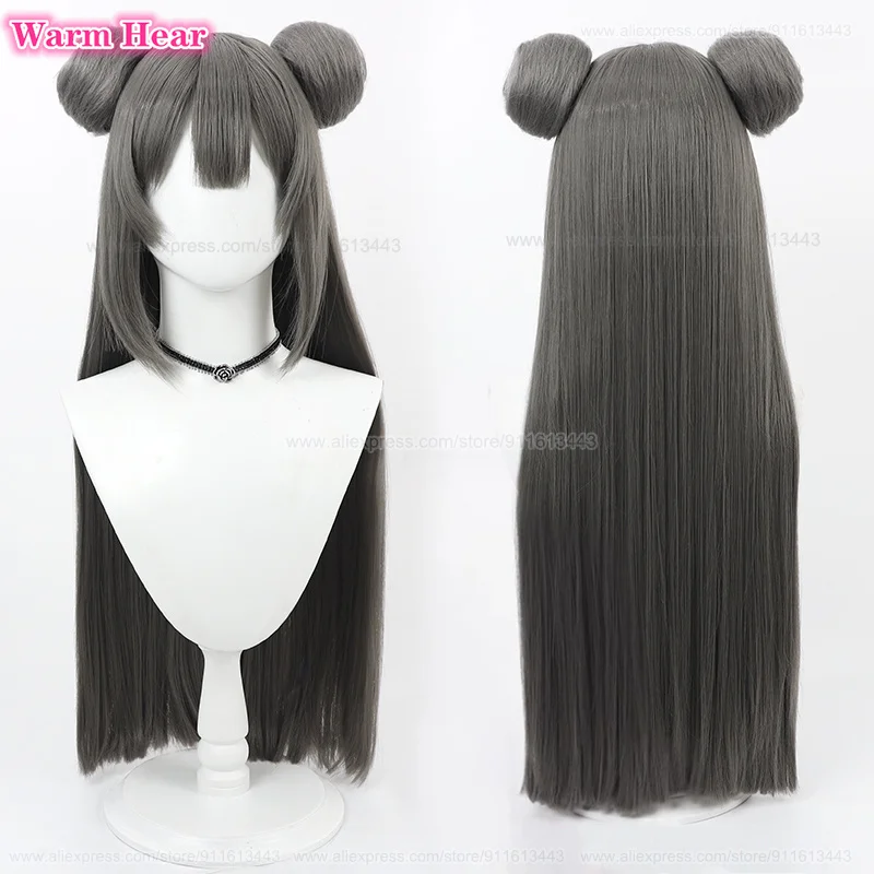 

High Quality Yan Cosplay Wig Game Long 80cm Dark Gray Bun Straight Wig Heat Resistant Hair Halloween Party Woman Wigs + Wig Cap