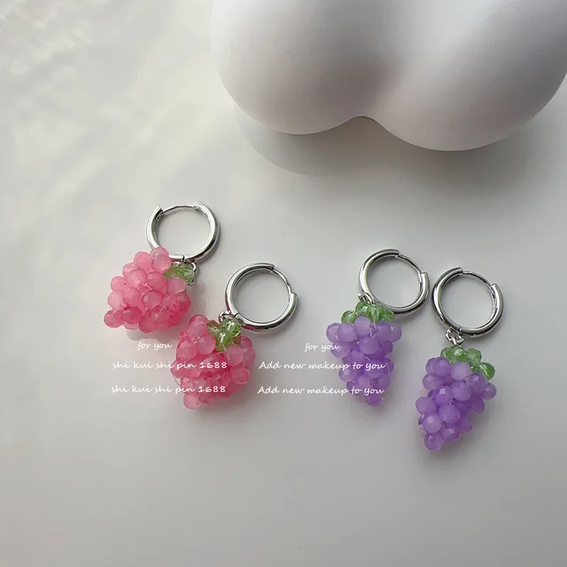 Fruit Series 3D Pink Strawberry Purple Grape Earrings with Crystal Beads