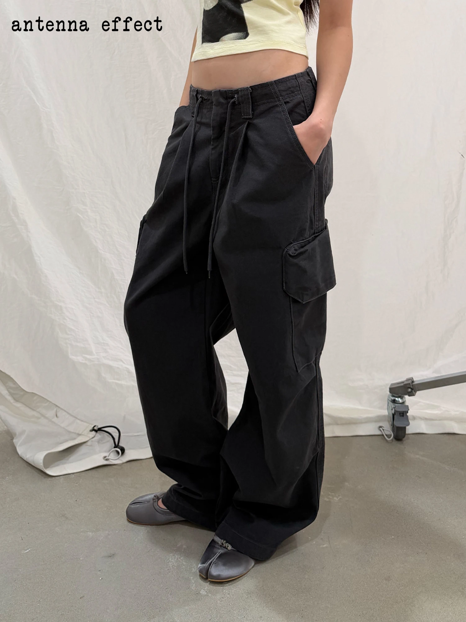 

Retro Waed Cotton Work Trousers Loose Straight Leg Casual Pants Dstring Waist Low Waist Universal Fit Cotton 00%