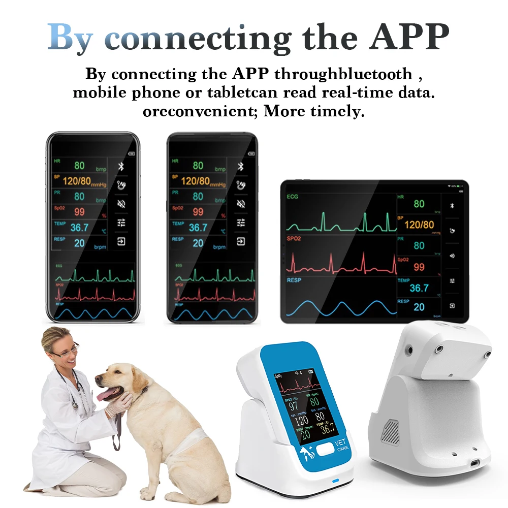Veterinary Handheld Vital Signs Monitor Animal Bluetooth APP Patient Monitor SpO2/HR/Temp/ECG/RR/NIBP Medical Equipment