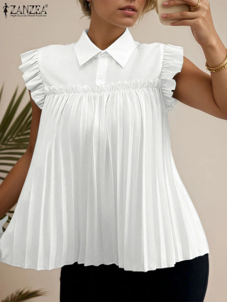 

Stylish Ruffles Women Blouses ZANZEA Summer Office Pleated Shirt Elegant Short Sleeve Lapel Neck Work Blusas Casual Buttons Tops