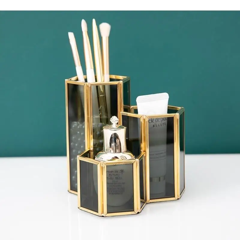 Glass Makeup Brush Storage Bucket Pen Holder 3 Grids Jewelry Boxes Organizer Box