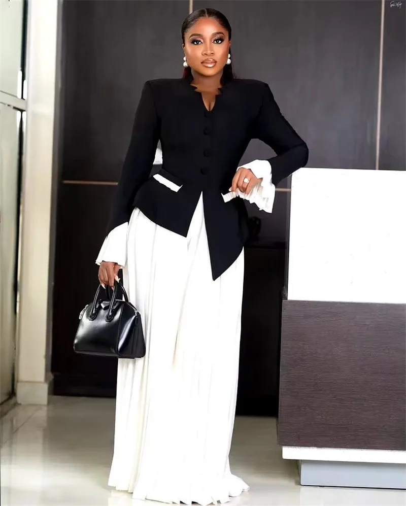 Czarno-biały damski komplet garniturowy 2-częściowy: marynarka + luźne spodnie, jesień, wiosna, formalny, do biura, żakiet, szyty na miarę, smoking ślubny, płaszcz