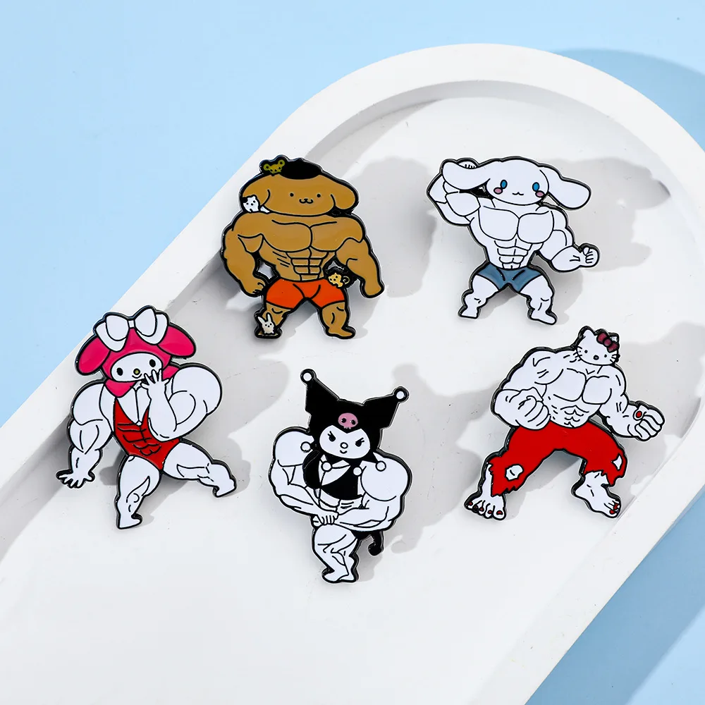 Sanrio Brooch Cartoon Creative Personality Spoof Muscular Macho Hello Kitty Kuromi Cinnamon Dog Alloy Badge Bag Decoration