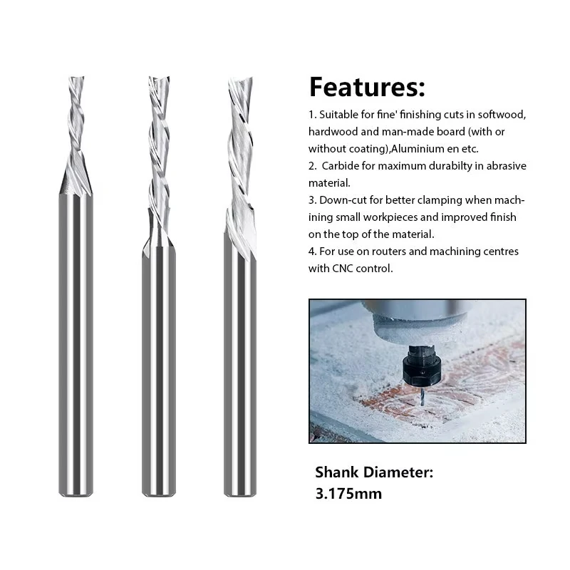 HAMPTONB Down Cut Router Bit 1/8 Shank Carbide Milling Cutter 2 Flute CNC Machine End Mill for Woodworking MDF Cutting