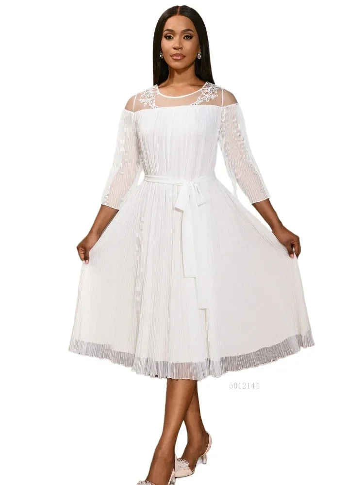 

White Patchwork Chiffon O Neck Sheer Loose Pleated Tie Dress Elegant with 3/4 Sleeve Midi Tierred Dresses Casual Women Clothing