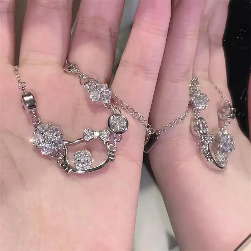 Sweet Cool Cat Head Bracelet Elegant Simple Style Flower Water Diamond Girls Lovely Wristband Perfect Accessory For Anime Fans image 6