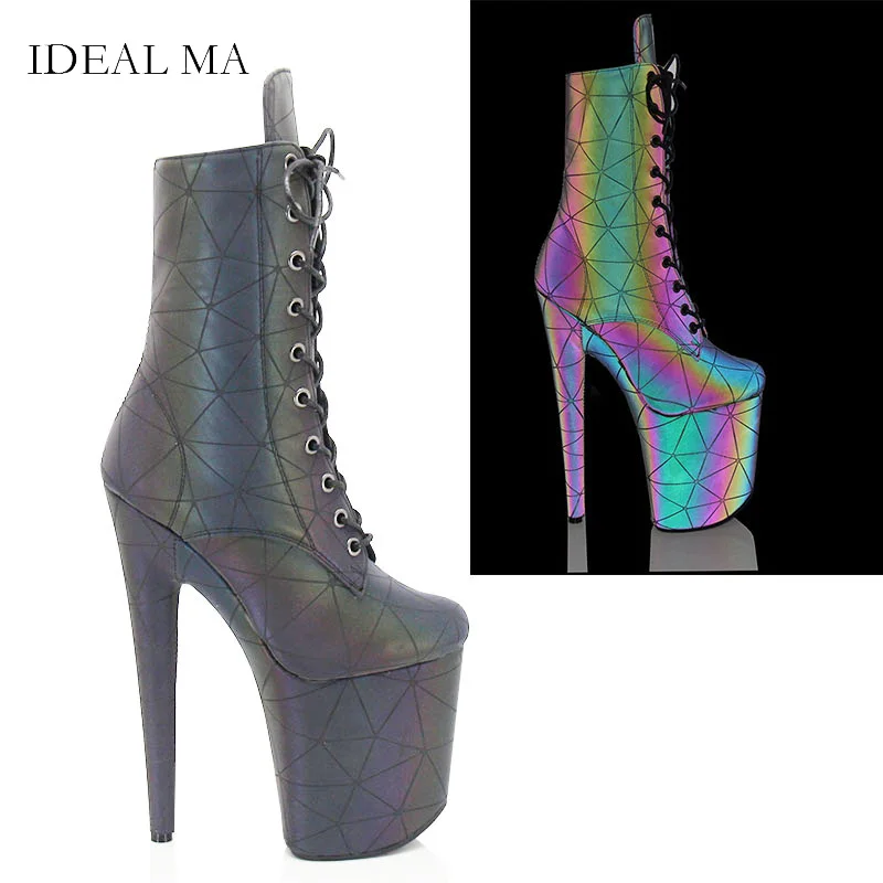 IDEAL MA new night starry sky reflective material high-heeled ankle boots 20cm 8 inches pole dance boots club performance boots