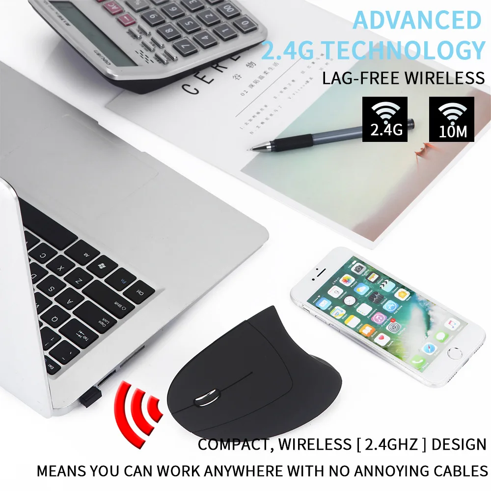 Left Hand Vertical Mouse Ergonomics Design Wireless 2.4G Mause Nano Receiver Mute Key Office Use Works For PC & Laptop Big Hand
