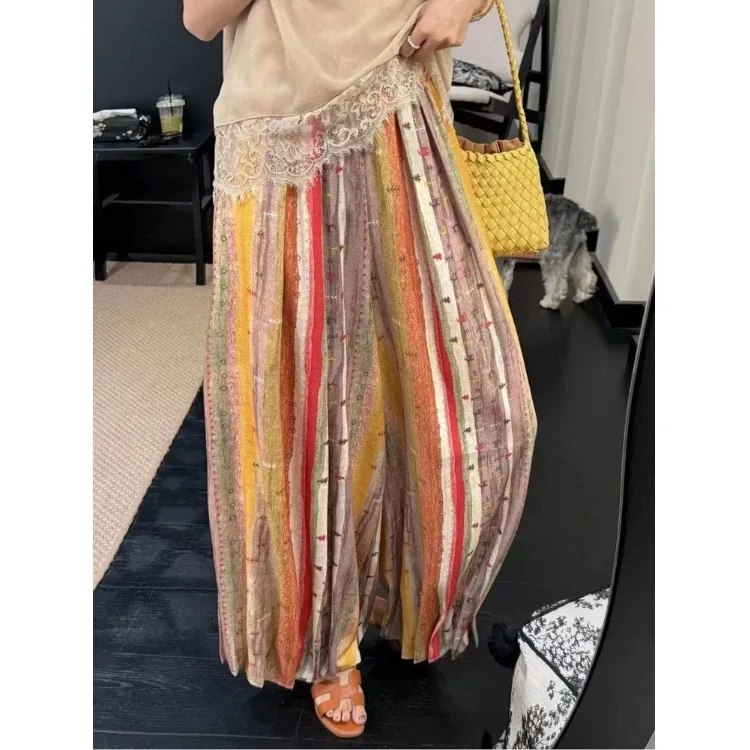 

Ретро-брюки для сна с богемным радужным принтом, летние свободные широкие брюки для дома и прогулок с карманами, повседневные хлопковые