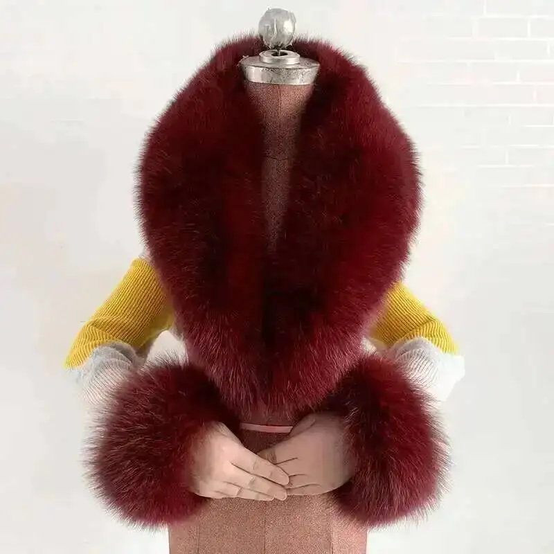 Women Winter 100% Natural Fox Fur Scarf And Cuff Set Jacket Collar Neck Warm Luxury Furry Scarves Warmers Fluffy Long Shawl