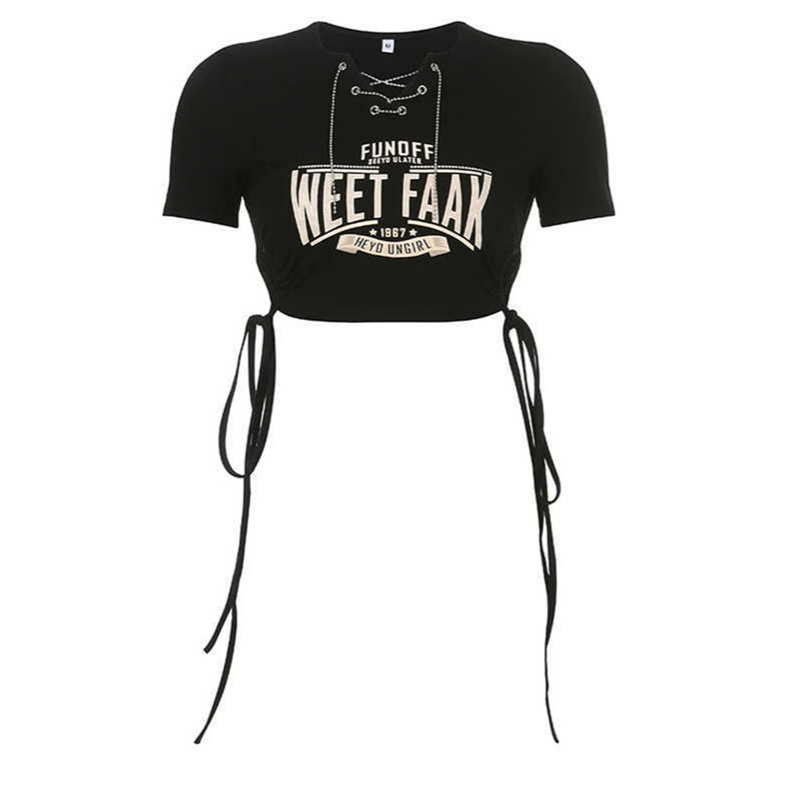 

Womens Stylish Print Cropped Top Short Sleeve V Neck with Chain Detail Sides Lace-up Crop Tee T-shirt Top Fashion Streetwear