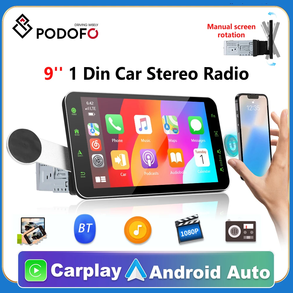 Podofo 1 Din GPS Car Stereo Radio Carplay 9'' Car MP5 Player with Bluetooth GPS FM AM RDS Radio Receiver Suppport Rear Camera