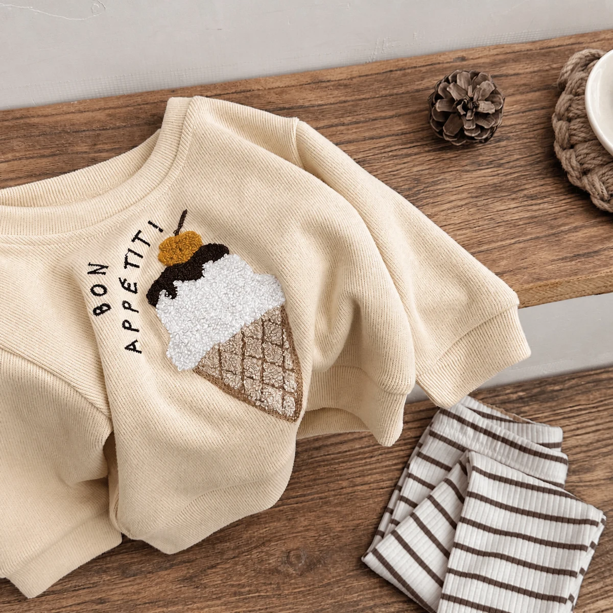 Sweet Baby Girl Ice Cream Towel Embroidery Set, Infant Pink Yellow Ribbed Sweatshirt Striped Leggings 2Pcs Outfit