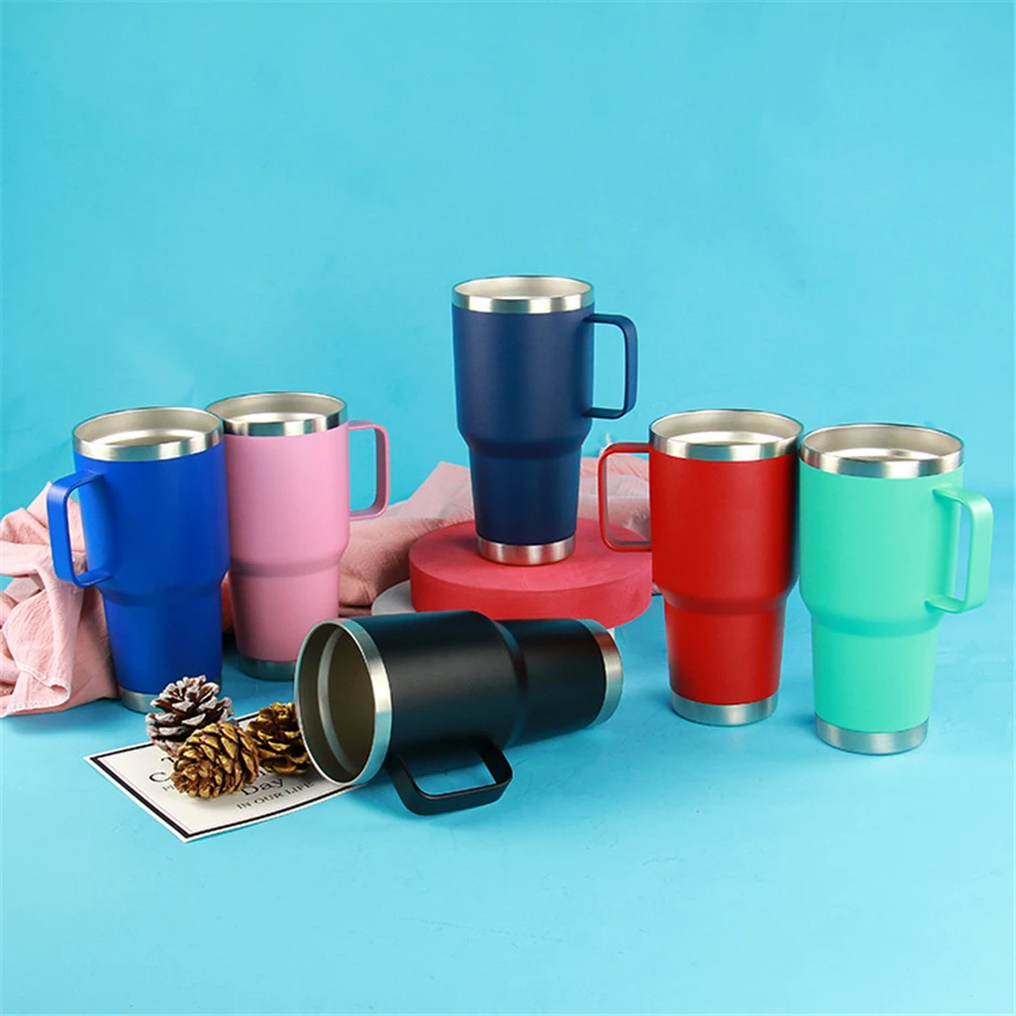 100pcs/Lot Car Tumbler Travel Mug With Handle 30oz 900ml Cup 18/8 Stainless Steel Insulated Vacuum 2-wall Glass With Slide Lid